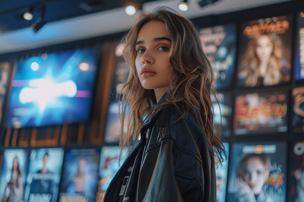 Portrait d'une femme aux longs cheveux bruns devant des affiches de films