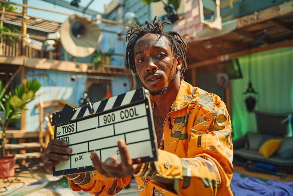 Un homme afro-américain en vêtements colorés tenant un clap de cinéma