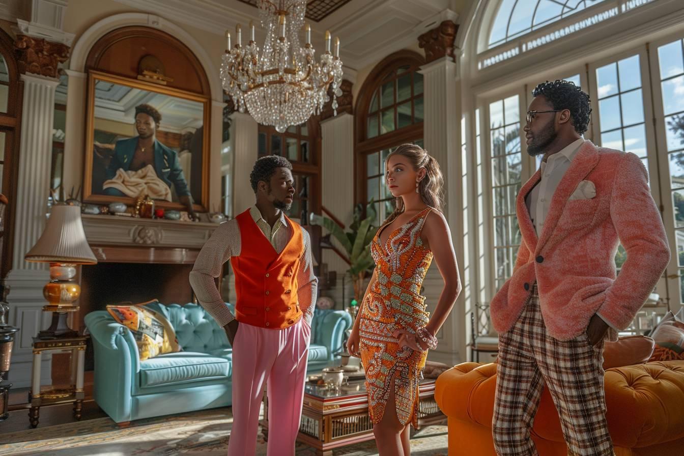 Trois personnes vêtues de tenues élégantes dans une somptueuse demeure.