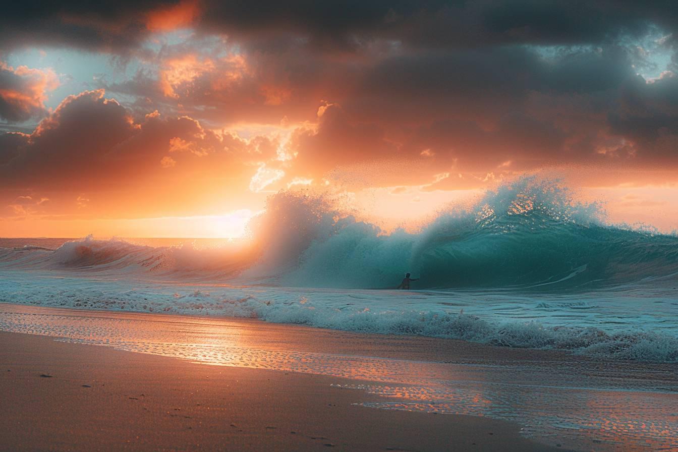 Une vague puissante déferle sur une plage au coucher du soleil
