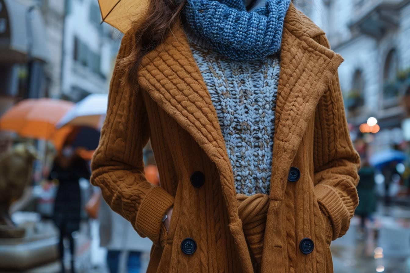 Gros plan sur une personne portant un manteau brun et une écharpe bleue tricotée