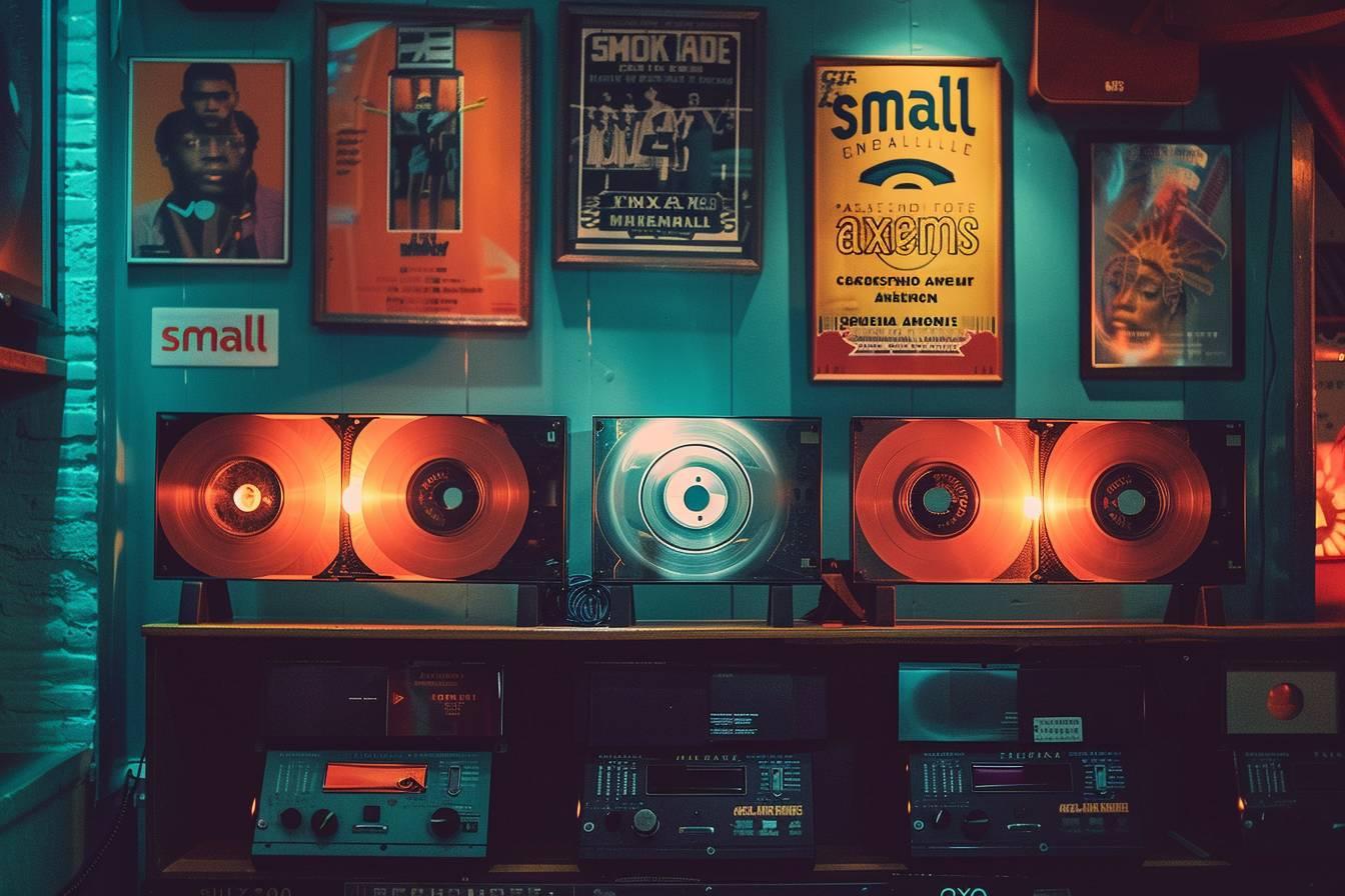 Assortiment de matériel audio vintage et d'affichage lumineux rétro.