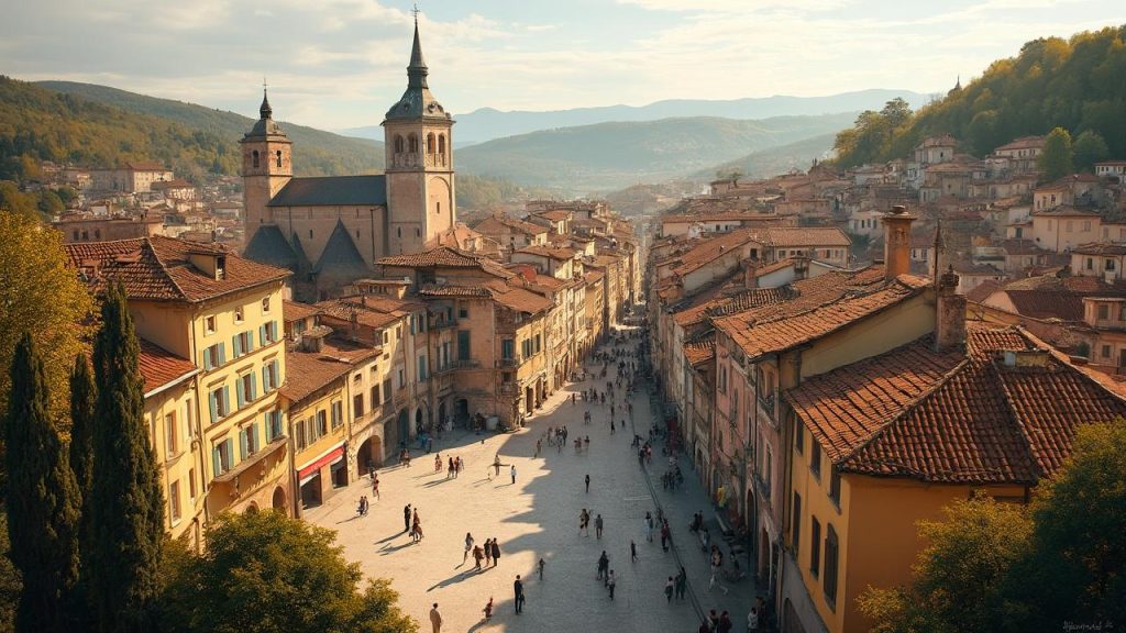 Vue panoramique d'une ville médiévale italienne avec des toits de tuiles rouges