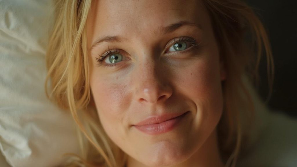 Gros plan sur le visage d'une femme blonde aux yeux bleus et au regard doux