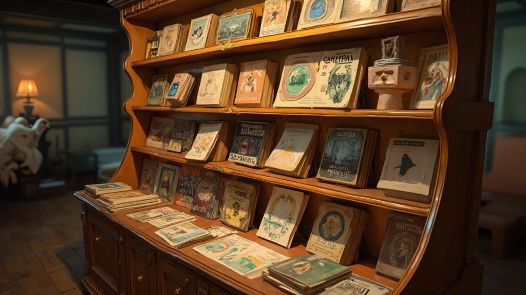 Étagères en bois remplies de vieux livres et d'illustrations vintage