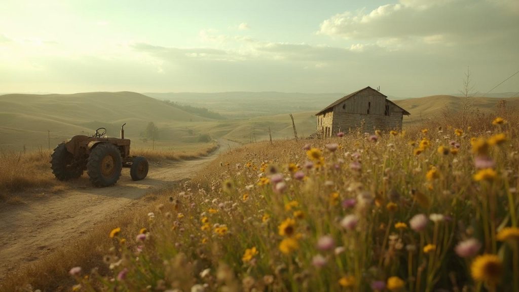 Paysage rural avec tracteur, grange et champ de fleurs sauvages.