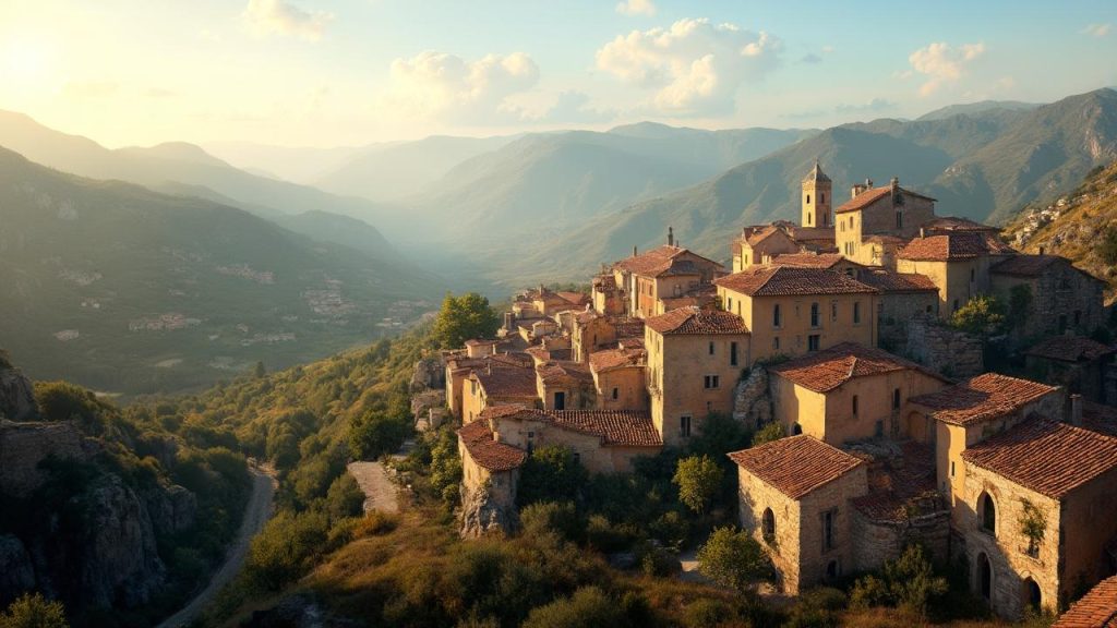 Vue imprenable sur une ville médiévale niché dans les montagnes