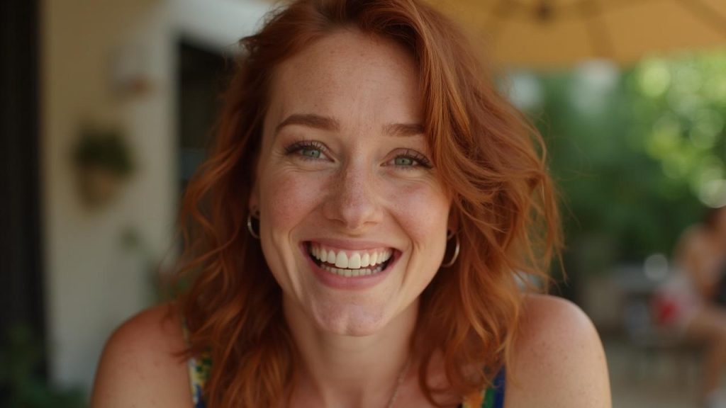 Une femme aux cheveux roux bouclés sourit joyeusement à la caméra.