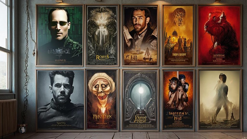 Collection d'affiches de films fantastiques et d'horreur accrochées sur un mur.