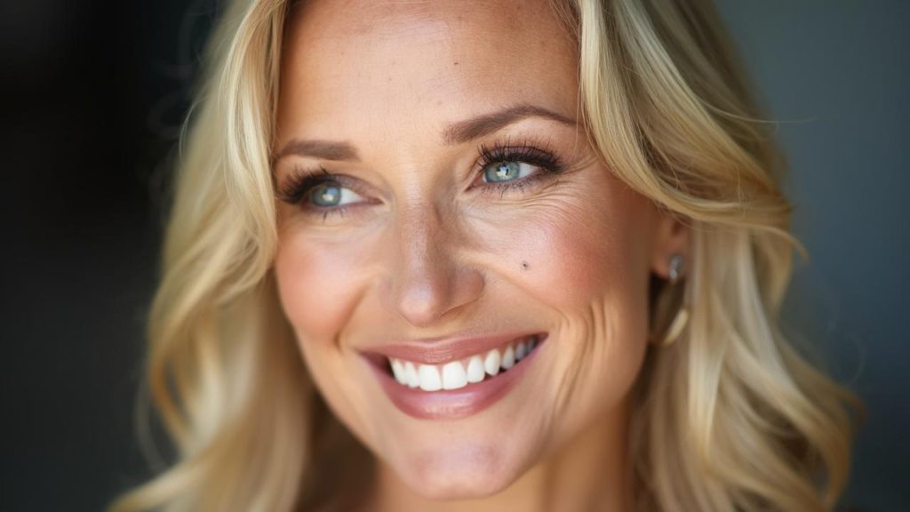Gros plan d'une femme blonde avec un beau sourire éclatant