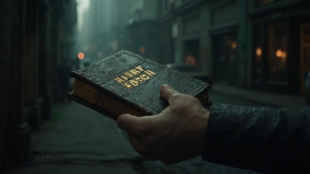 Un livre mystérieux et ancien dans une main, entouré d'un environnement sombre et brumeux