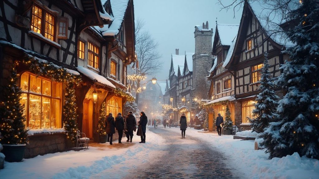 Une rue pittoresque de maisons à colombages enneigées avec des décorations de Noël.