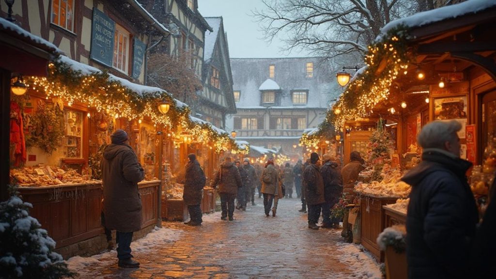 Rue enneigée, illuminée par des guirlandes, avec foule de visiteurs
