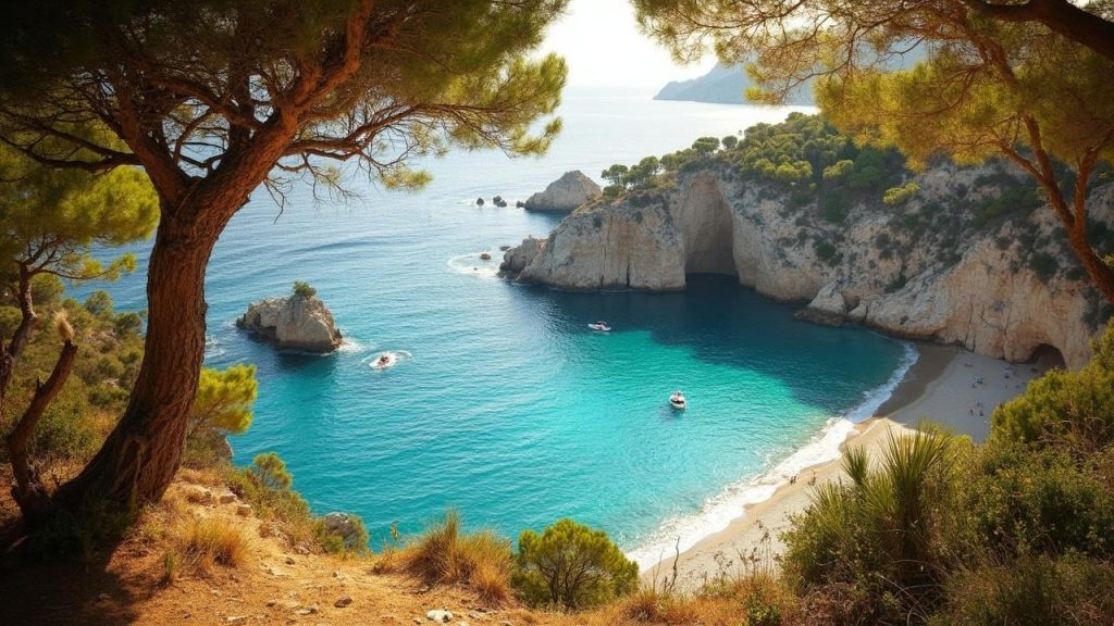 Vue panoramique d'une plage idyllique entourée de rochers et de pins