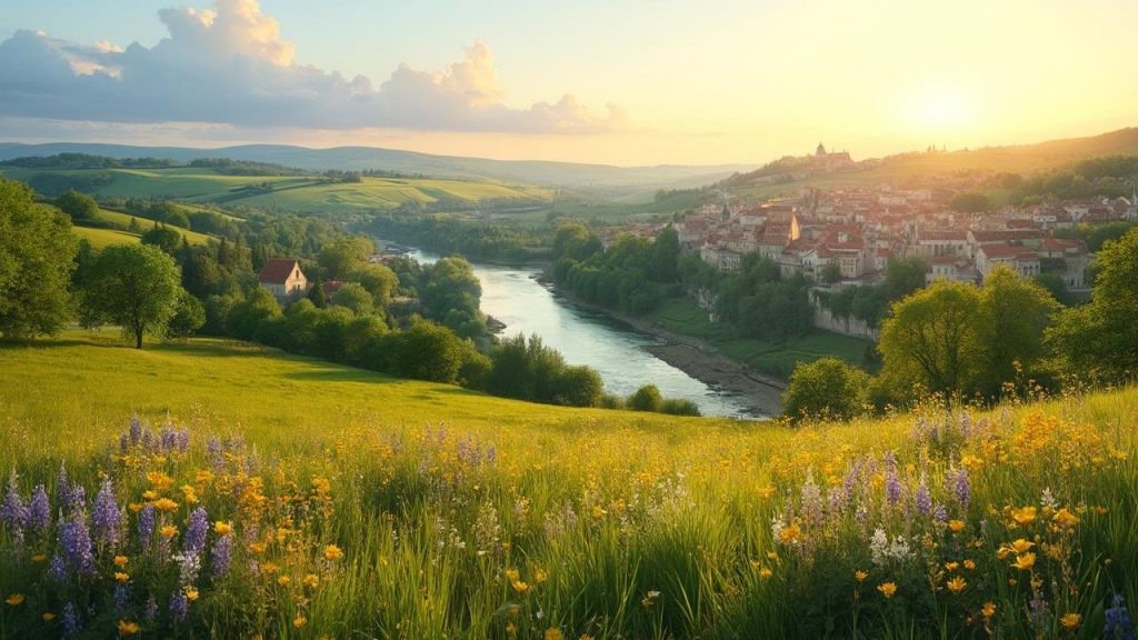 Champs fleuris, rivière, ville médiévale au coucher de soleil