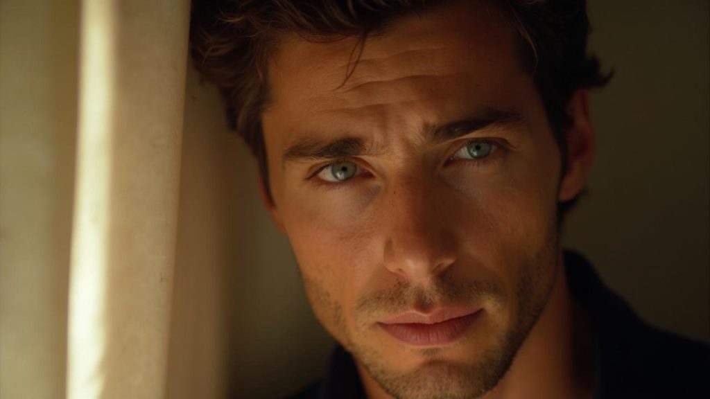Portrait en gros plan d'un homme avec des yeux bleus et un visage sérieux.