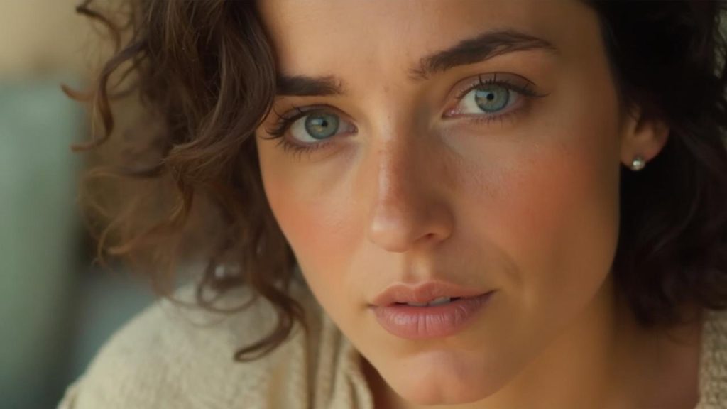 Une femme aux yeux bleus et aux cheveux bruns maussade et pensive.