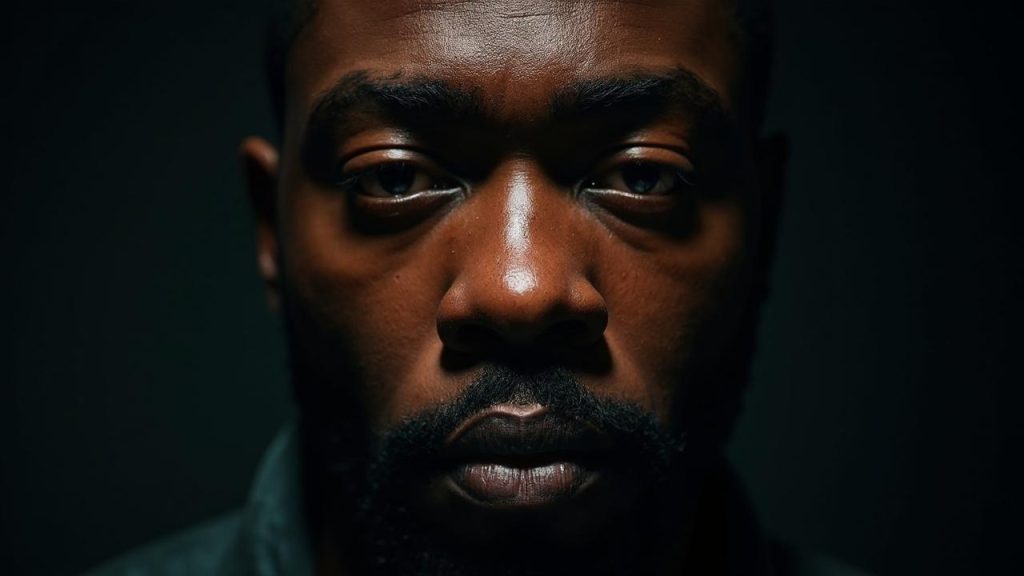 Gros plan d'un homme afro-américain au regard intense et pénétrant