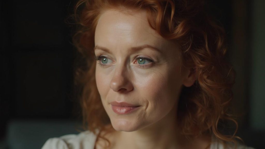 Gros plan sur le visage d'une femme aux cheveux bouclés et au maquillage discret.