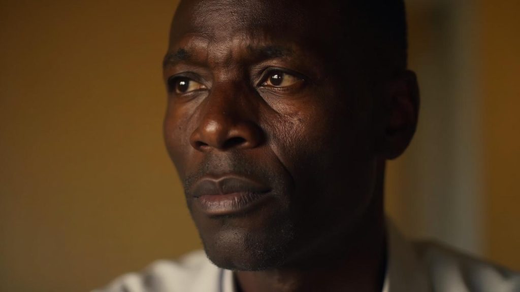 Portrait en gros plan d'un homme africain au regard pénétrant.