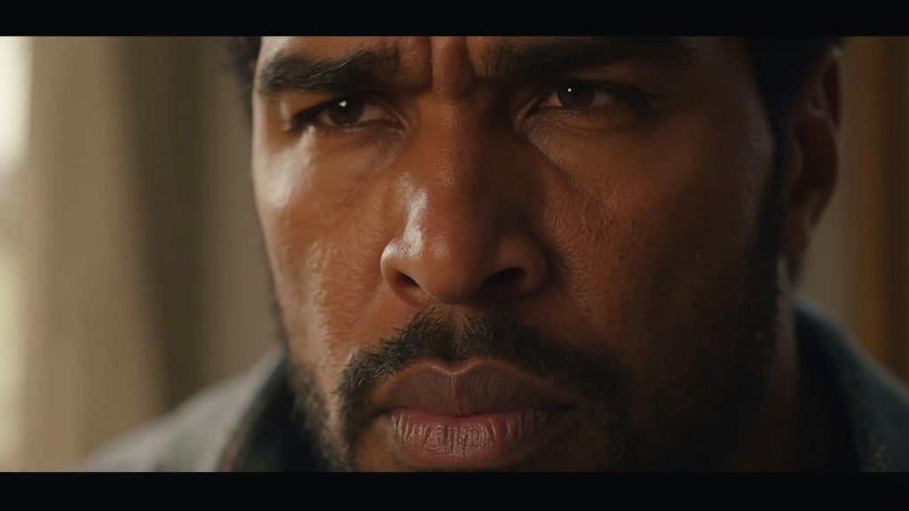 Portrait gros plan d'un homme barbu au regard intense et expression sombre