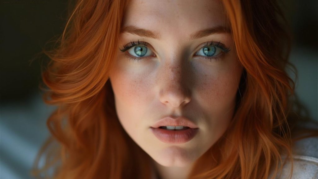 Gros plan d'un visage féminin avec de beaux yeux bleus et des cheveux roux