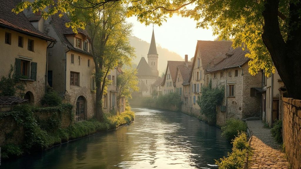 Village médiéval pittoresque bordé d'une rivière paisible aux eaux calmes