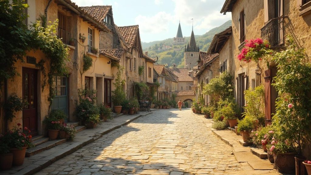 Rue pavée entourée de maisons traditionnelles fleuries et clochers