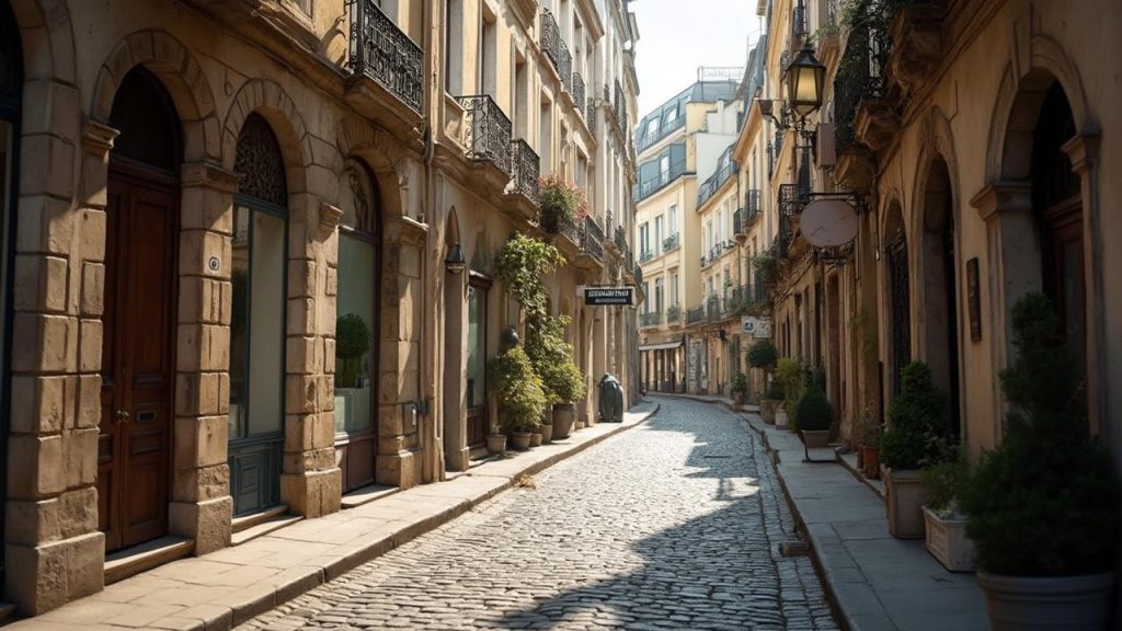 Une ruelle pittoresque avec des bâtiments anciens et des lampadaires dans une ville européenne