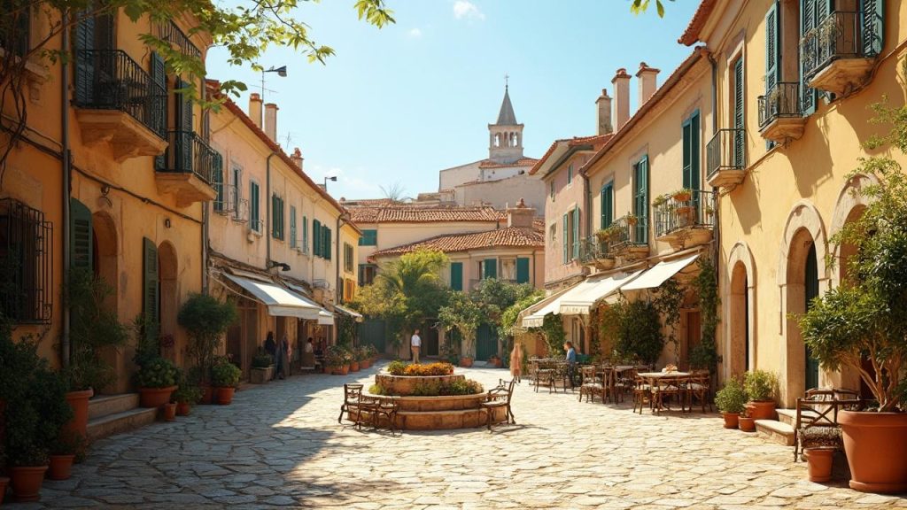 Ruelle pittoresque d'un village méditerranéen avec façades colorées et terrasses animées