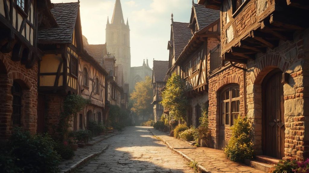 Rue pavée bordée de maisons à colombages dans un village médiéval