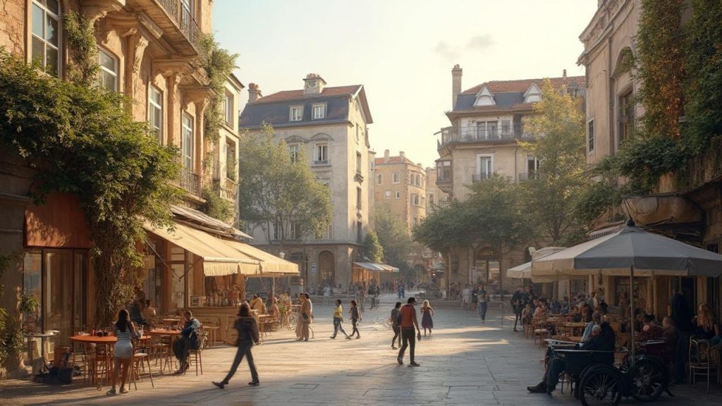 Une rue commerçante avec des cafés, des piétons et des bâtiments anciens