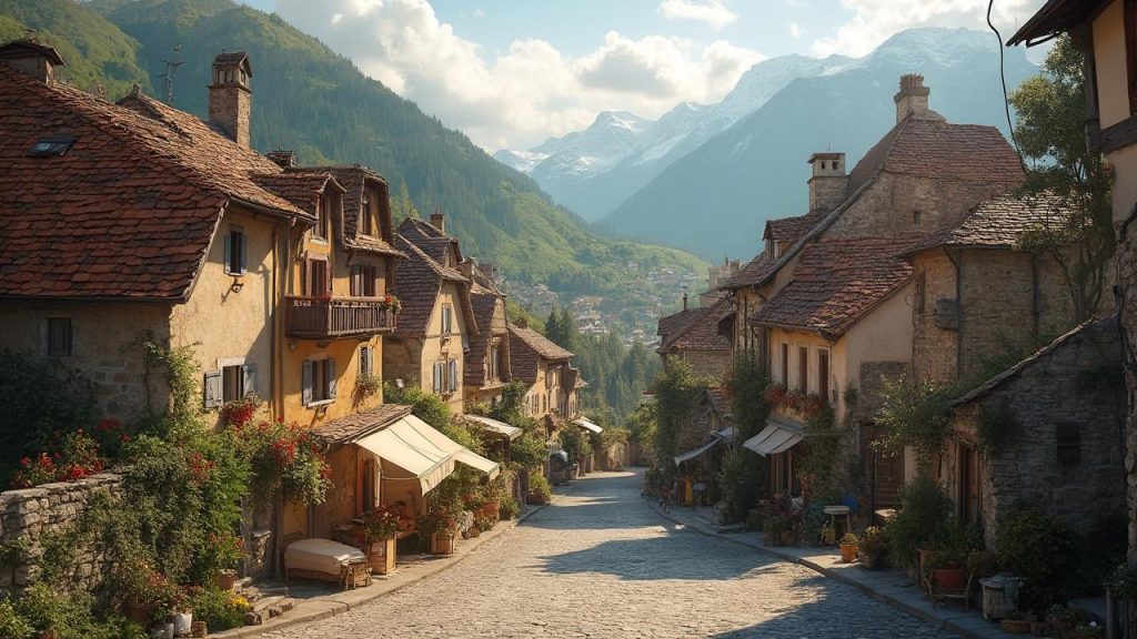 Rues pittoresques d'un village de montagne avec des maisons en pierre et des toits en ardoise.