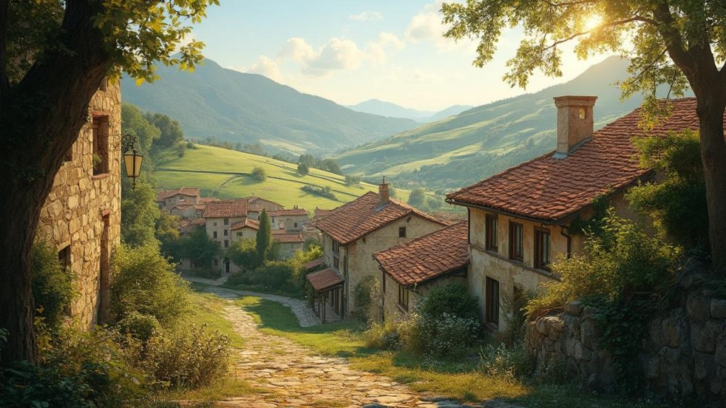 Paysage de maisons en pierre dans un cadre naturel verdoyant