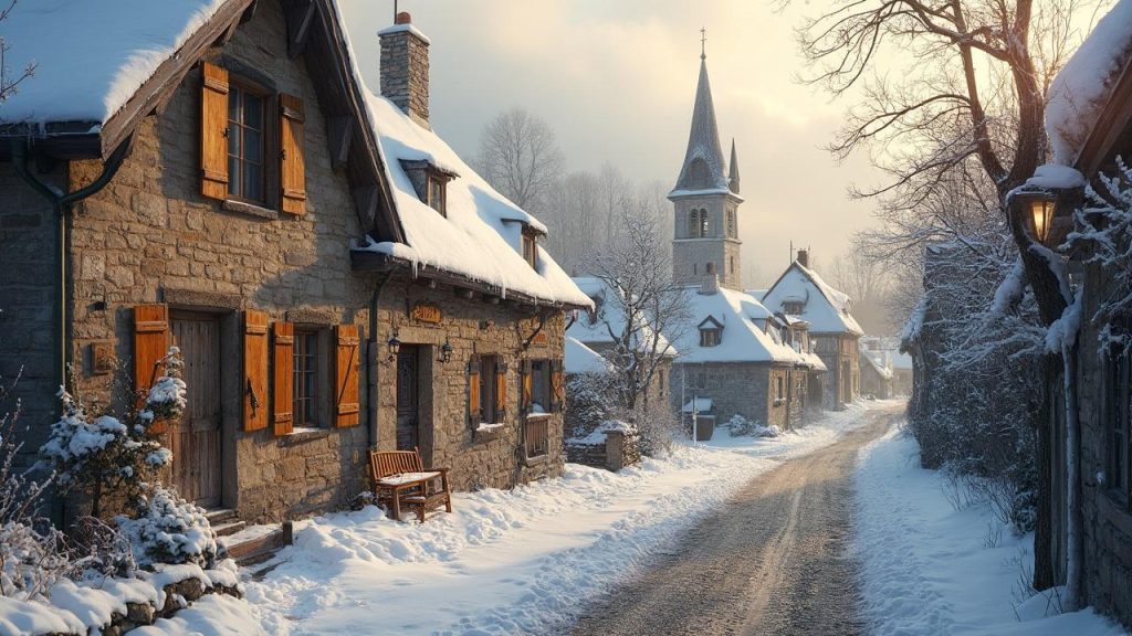 Maisons en pierre avec toits enneigés, église au loin, paysage hivernal