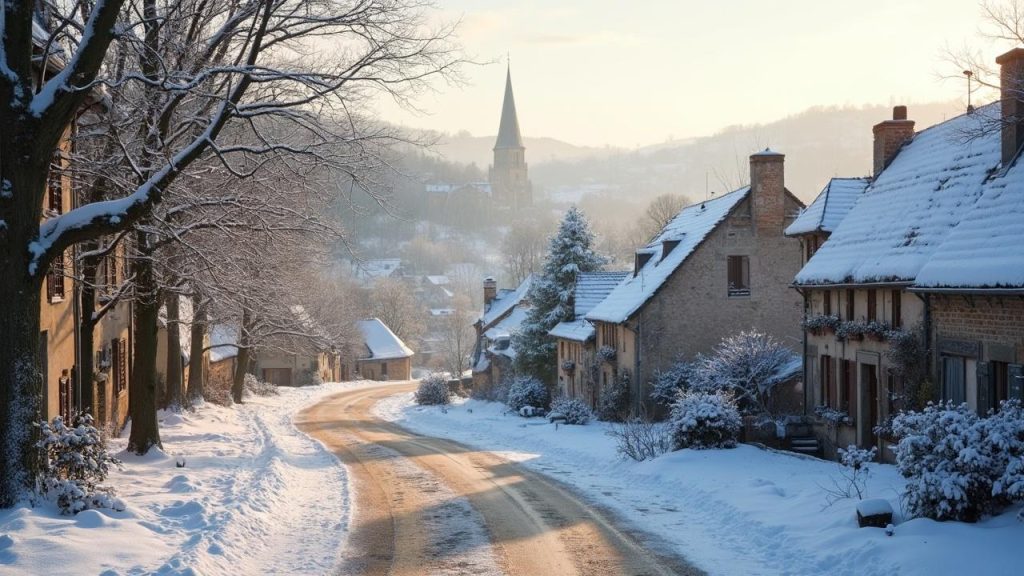 Vue d'un village enneigé de montagne avec maisons, arbres et église.