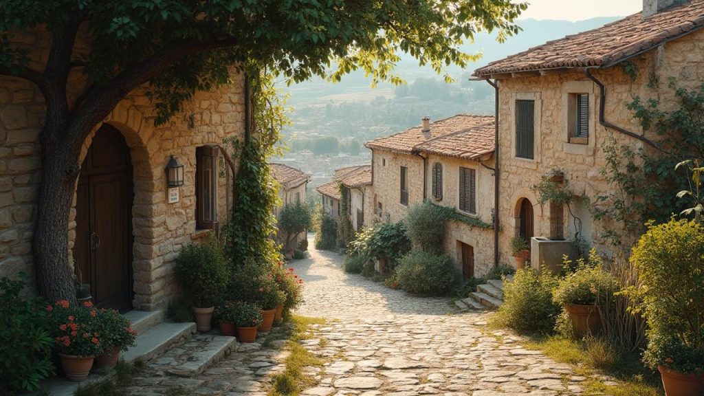 Maisons en pierre dans une ruelle pittoresque d'un village toscan