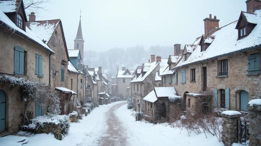 Rues étroites d'un village médiéval couvert de neige