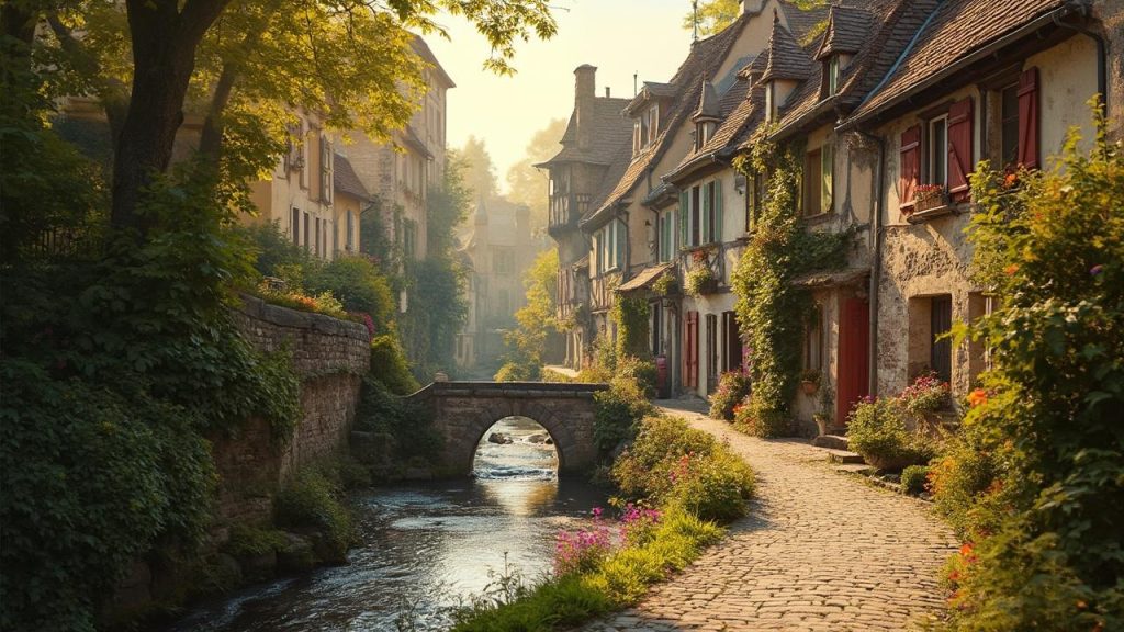 Paysage idyllique avec maisons anciennes, pont et rivière