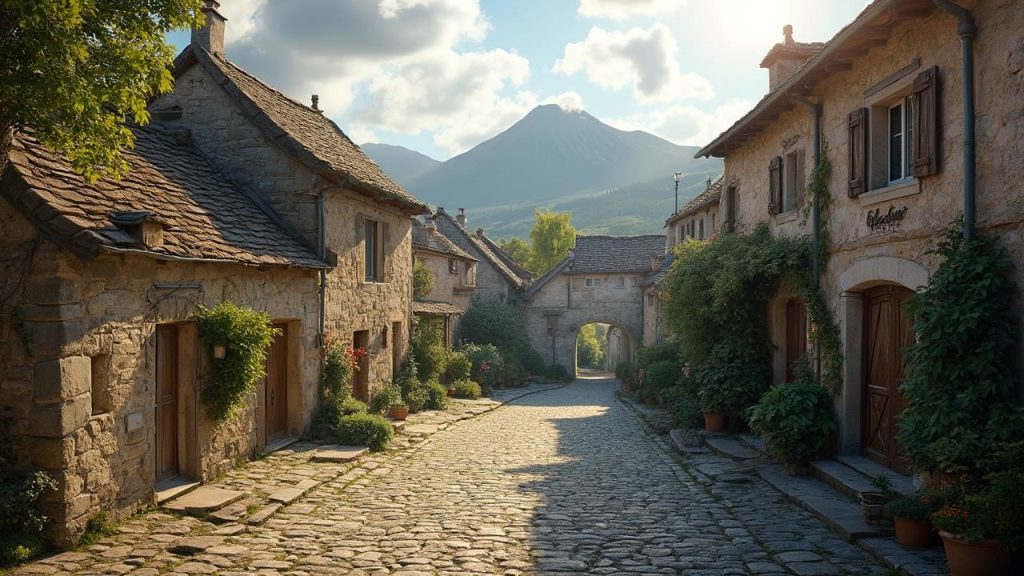 Rue pavée d'un village de montagne avec des maisons en pierre
