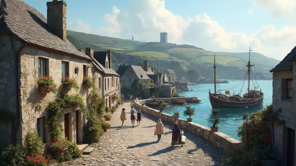 Scène pittoresque d'un village côtier avec maisons anciennes, bateau à voile et touristes