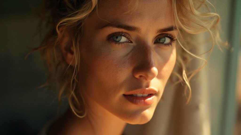 Image d'un visage féminin blond avec un regard pénétrant et des lèvres entrouvertes