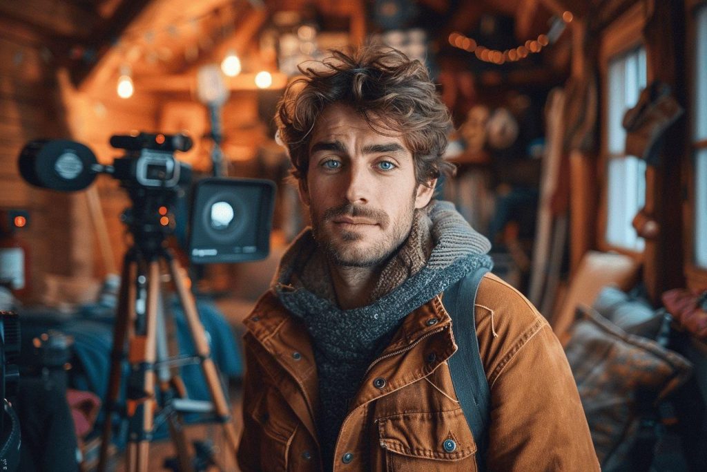 Un homme aux cheveux bouclés regarde la caméra dans une scène de film.