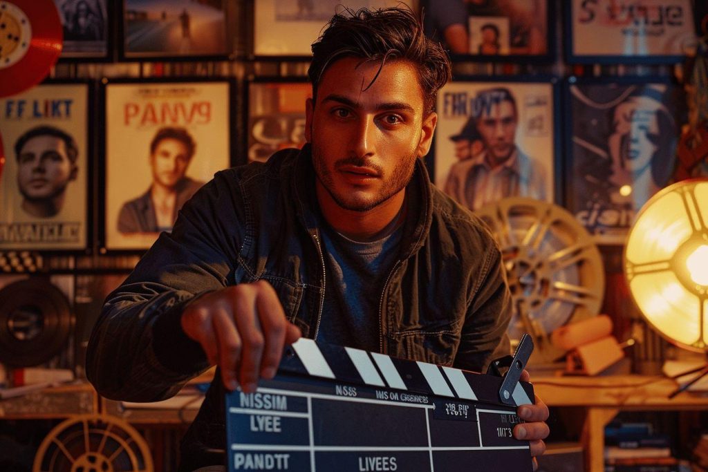 Un homme tenant une claquette de cinéma dans une pièce remplie d'affiches