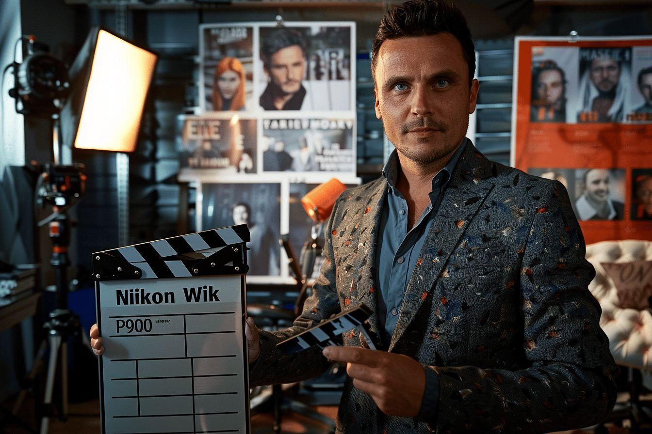 Homme en costume regardant la caméra sur un plateau de cinéma