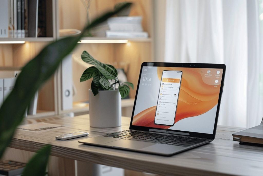 Bureau avec ordinateur portable, plante verte et accessoires de bureau