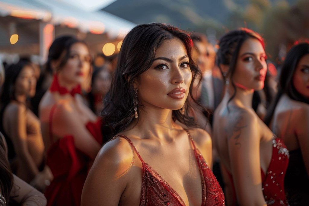 Groupe de femmes élégantes vêtues de robes rouges à paillettes posant ensemble