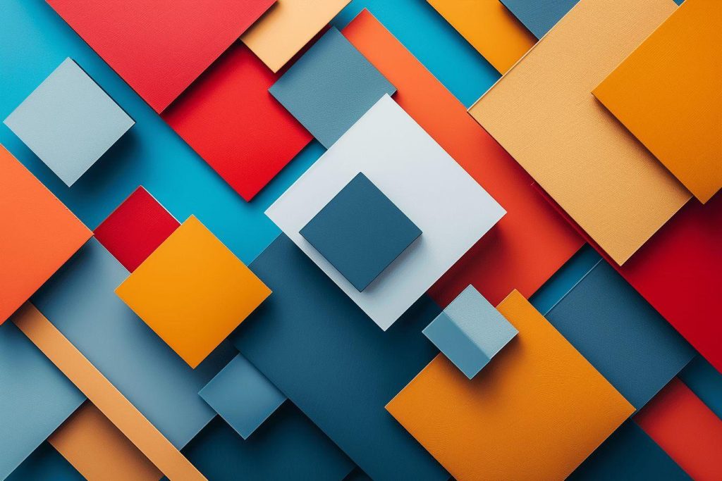 Image abstraite composée de formes géométriques dans des tons de bleu, rouge, orange et jaune