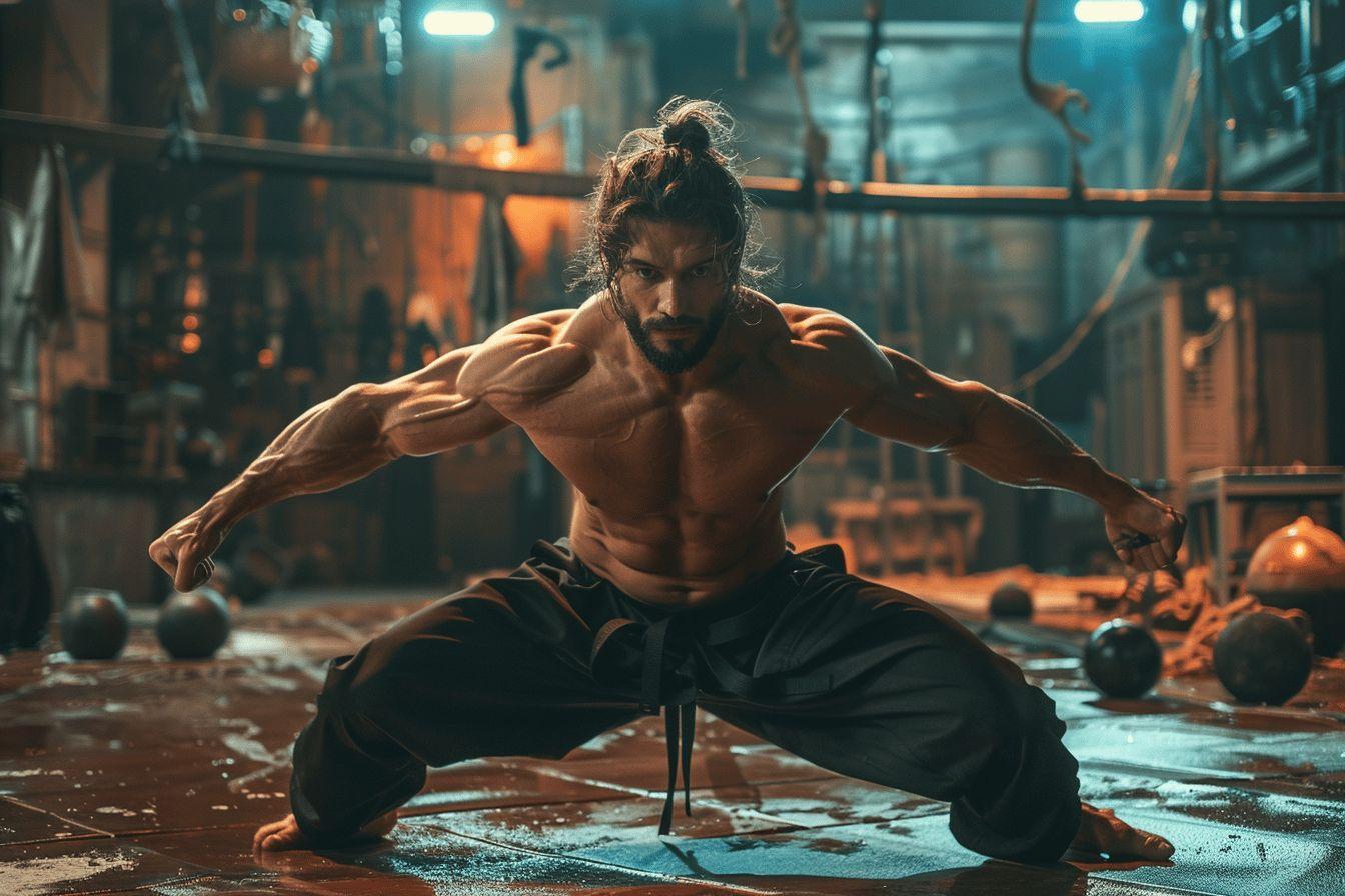 Homme athlétique aux muscles saillants dans une posture de combat