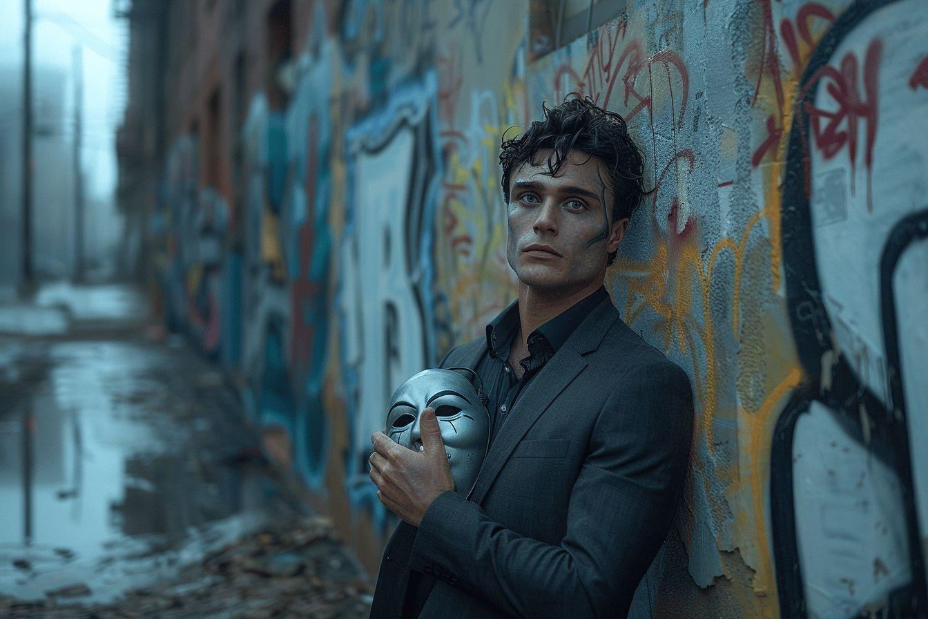 Un homme en costume sombre tenant un masque blanc dans une ruelle graffitée.